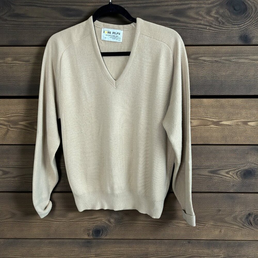 Fore Play Sportswear Tan Sweater Vintage 80s Golf V Neck Orlon Acrylic Size M
